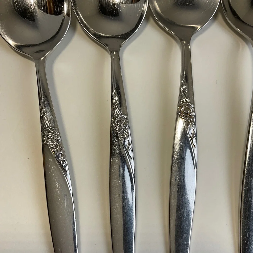 Oneida Wm A Rogers La Rose Soup Spoons Vintage Stainless Steel Set of 6 Floral